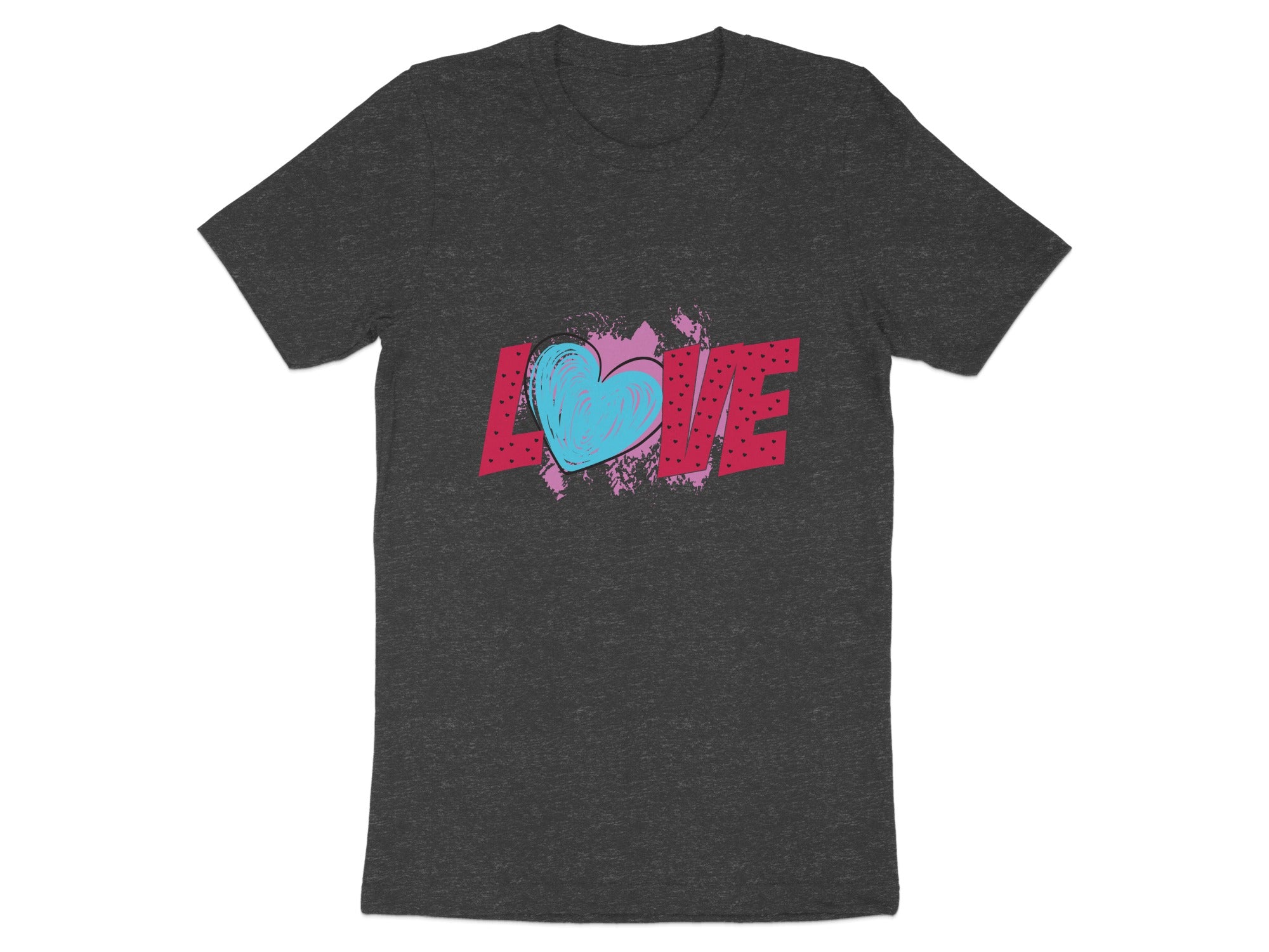 Dark grey t-shirt with a blue heart and red "LOVE" text with pink accents.