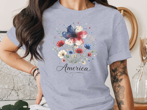 Gray t-shirt with floral print and the word "America" in cursive.
