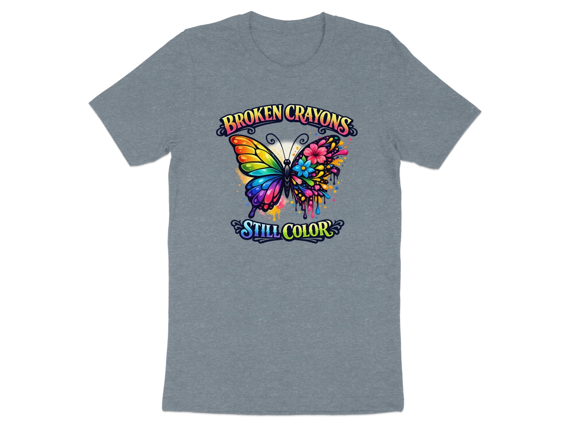 Grey t-shirt with butterfly graphic and text "BROKEN CRAYONS STILL COLOR".