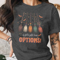 Dark gray t-shirt with five colorful brooms Halloween graphic and text OPTIONS!