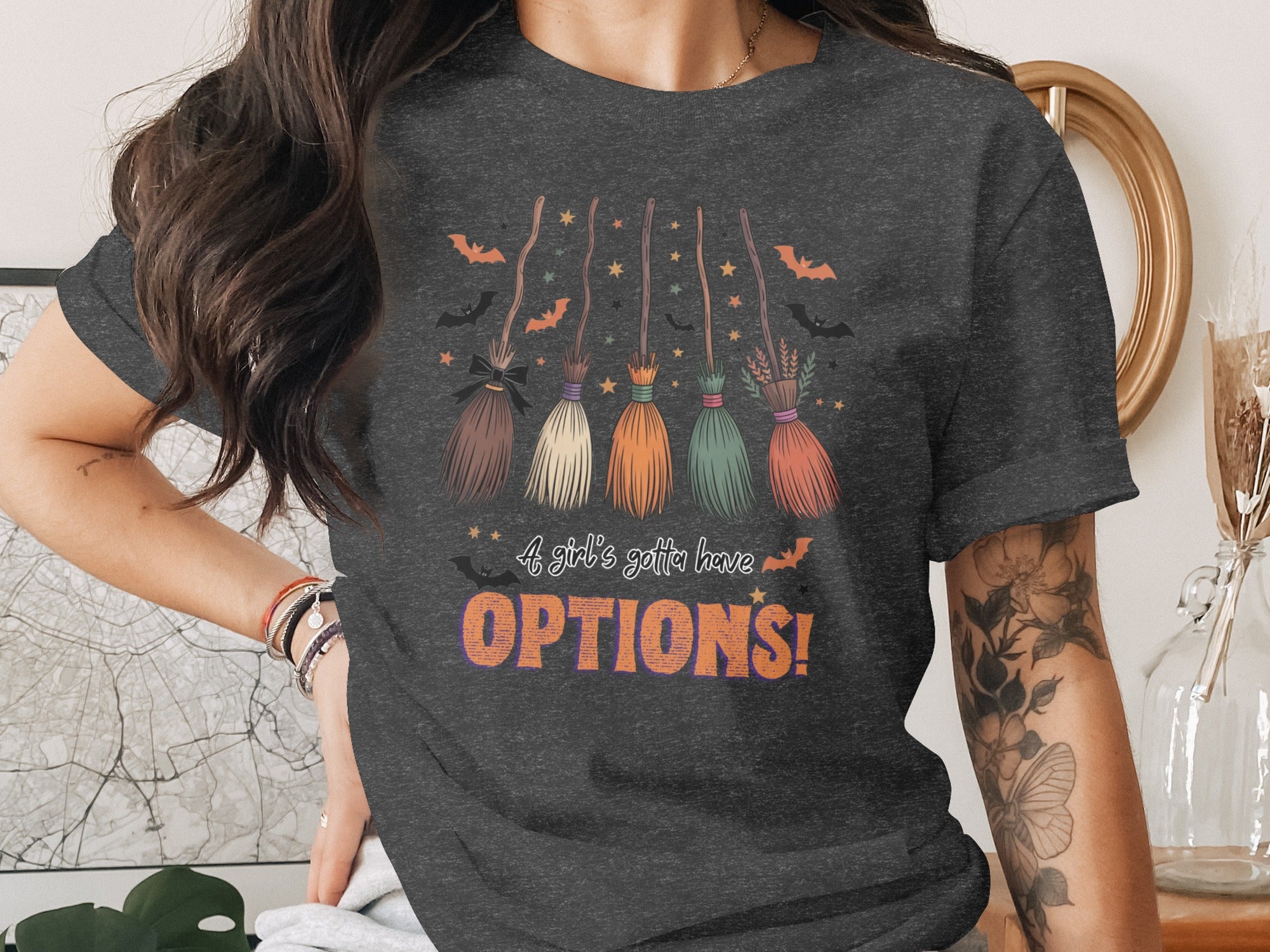 Dark gray t-shirt with five colorful brooms Halloween graphic and text OPTIONS!
