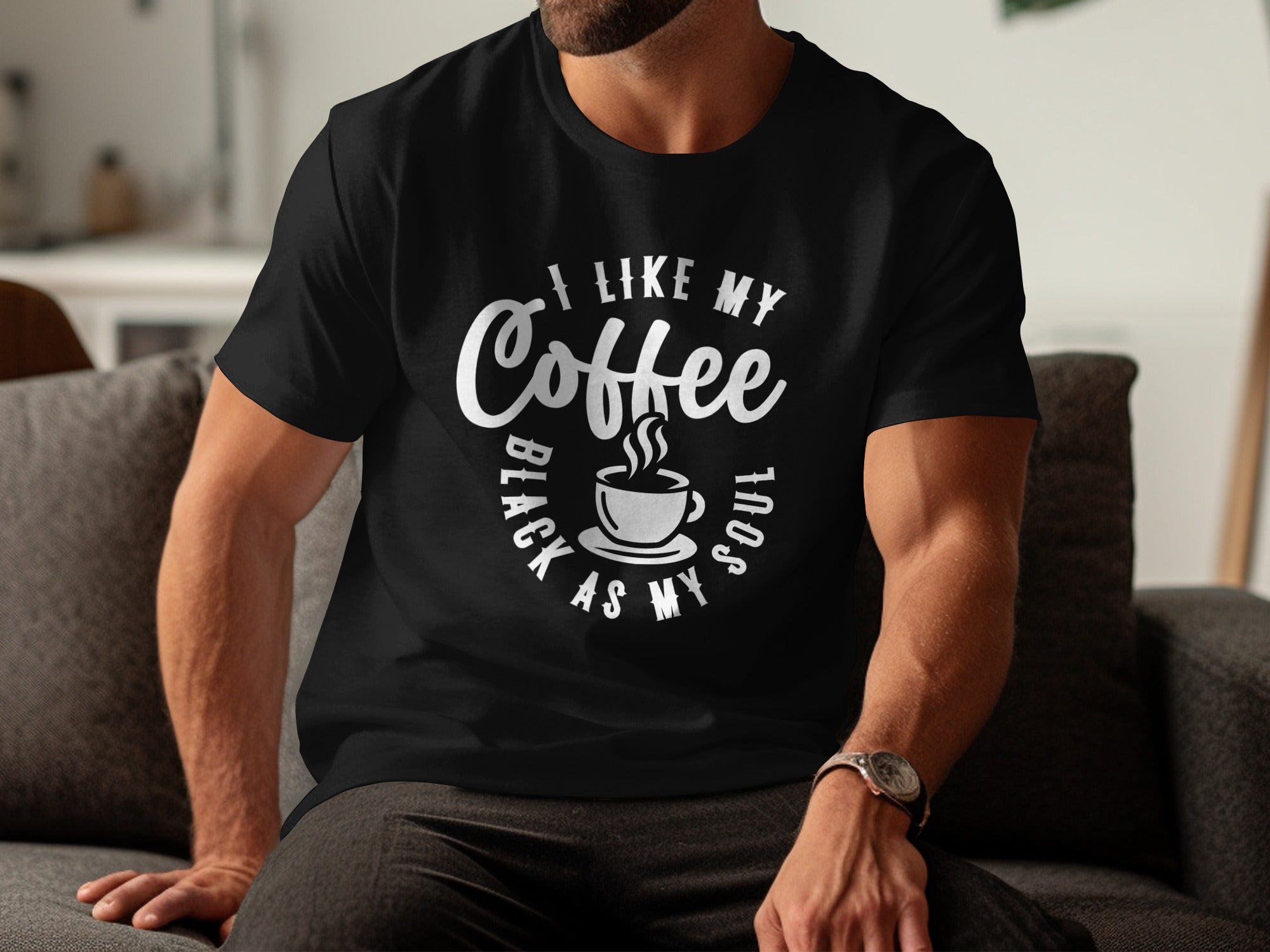 Black t-shirt with white text "I like my coffee black as my soul".