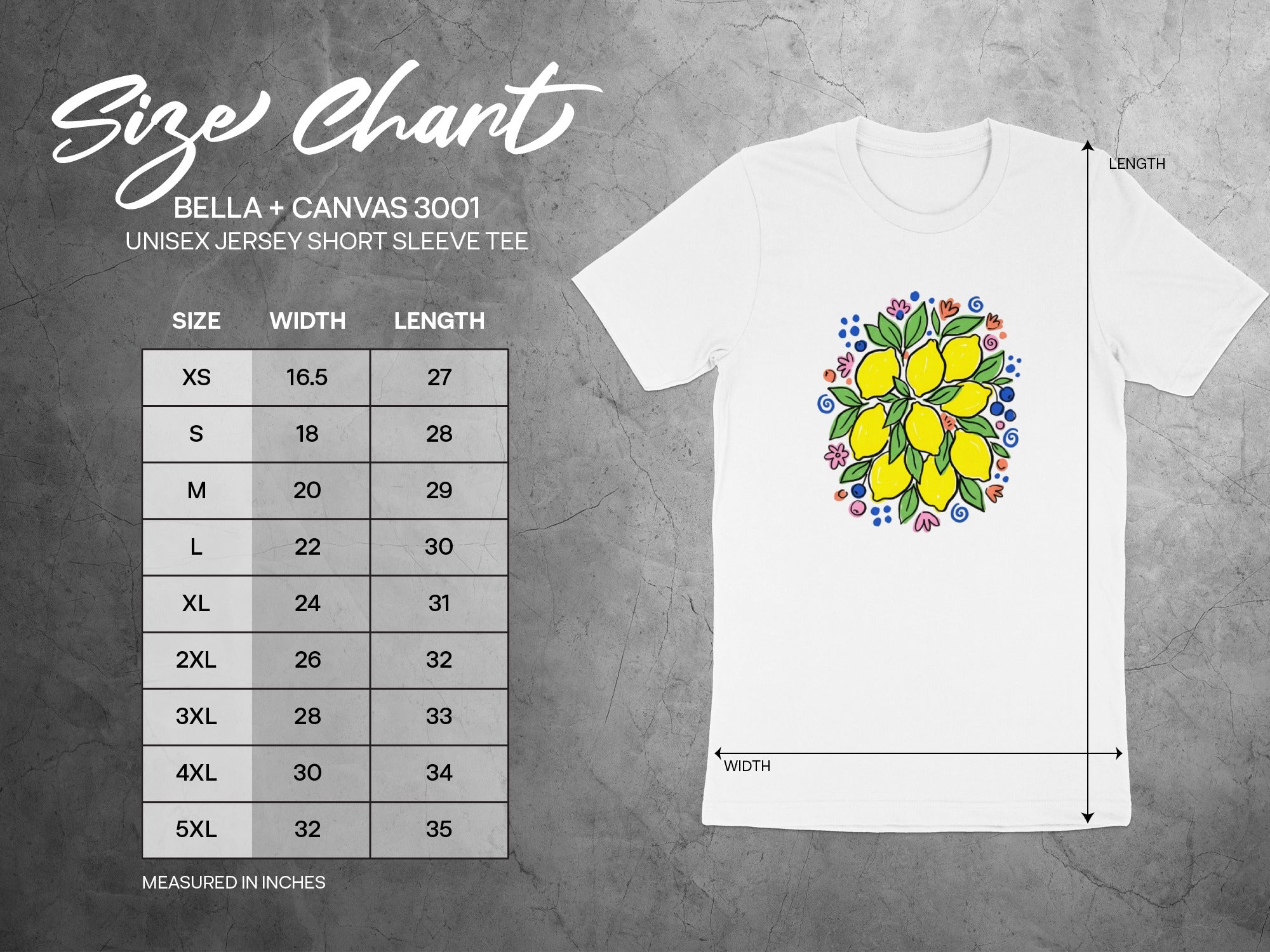 BELLA + CANVAS 3001 unisex size chart with width and length measurements.
