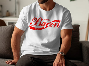 White t-shirt with red distressed text that says "ENJOY Bacon"
