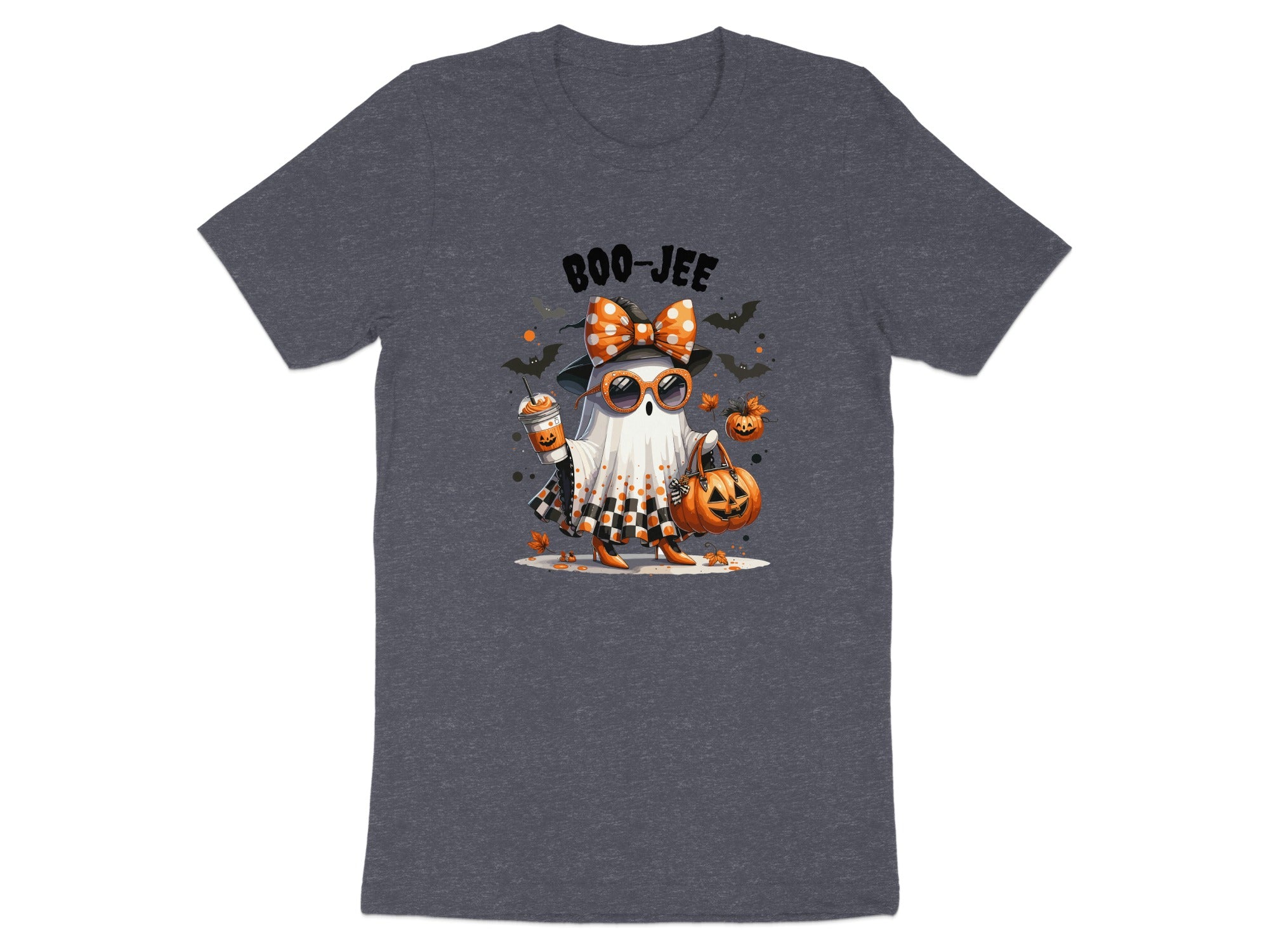 Ghost in Halloween dress holding pumpkin and coffee, with text "BOO-JEE".