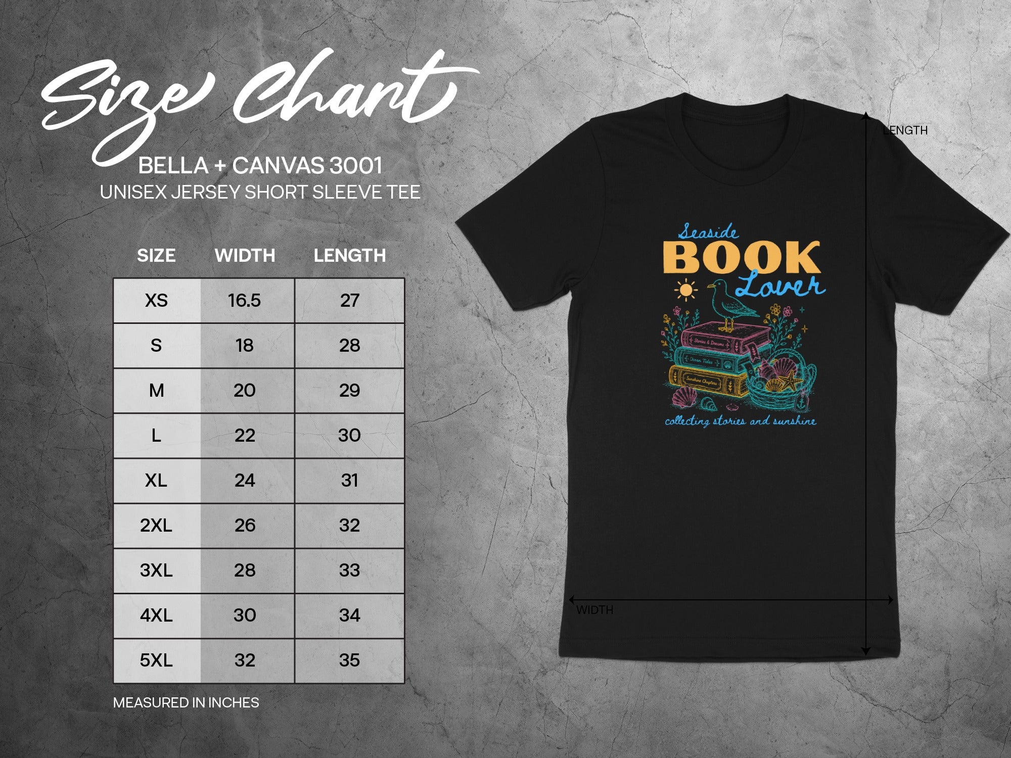 Bella + Canvas 3001 unisex jersey tee size chart with width and length measurements in inches.