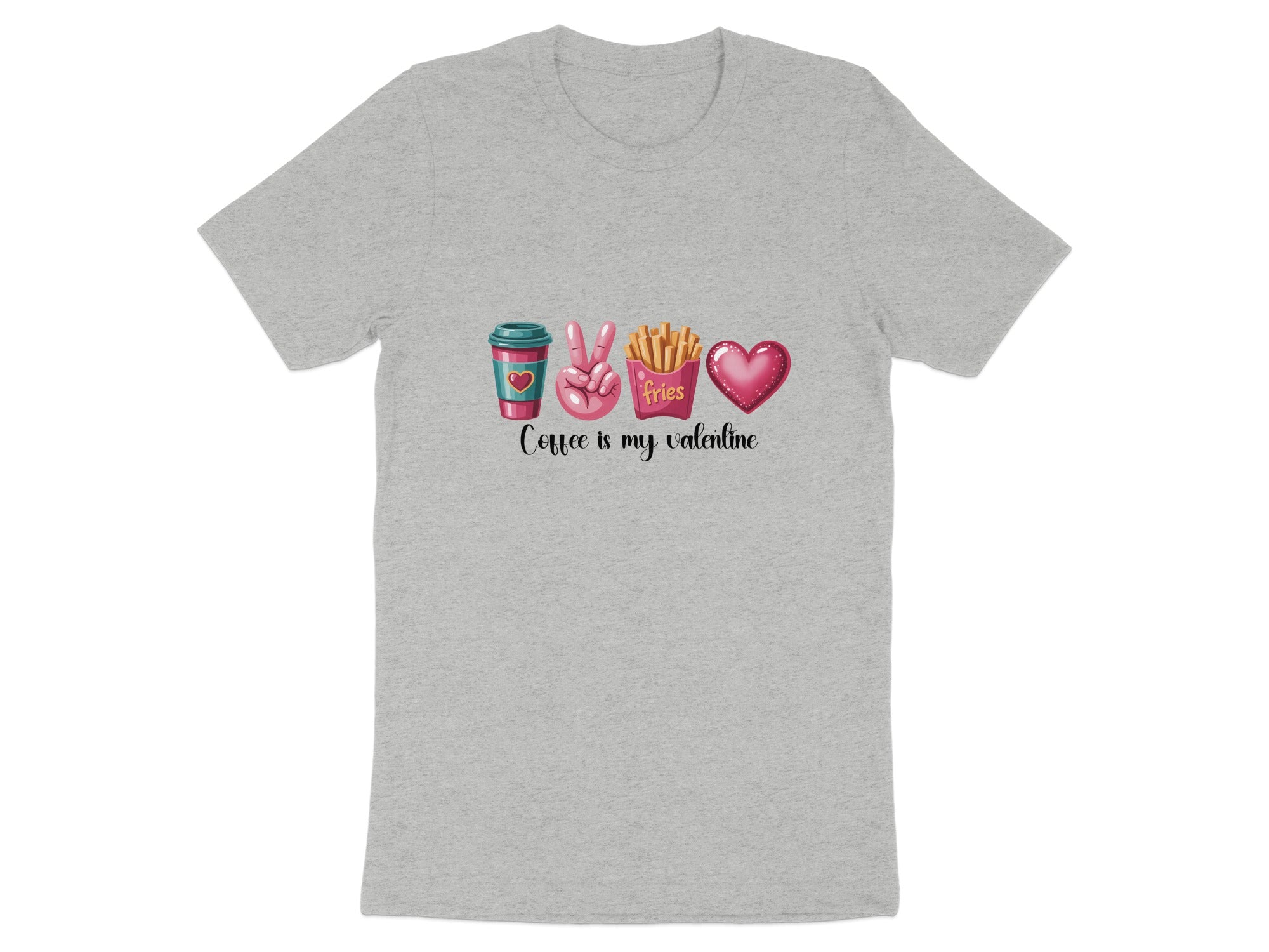 Grey t-shirt with coffee, peace sign, fries, and heart graphics and "Coffee is my valentine" text.