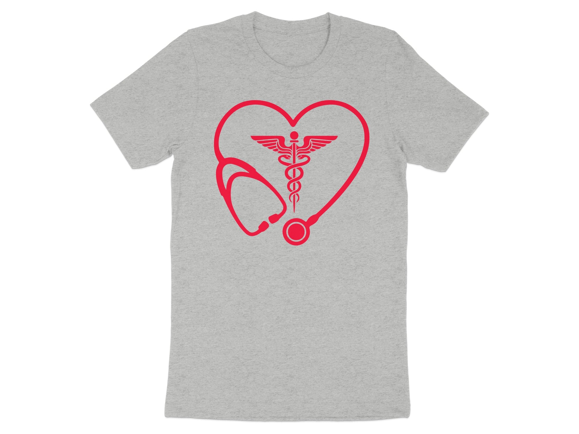 Grey t-shirt with red heart stethoscope and caduceus medical symbol.