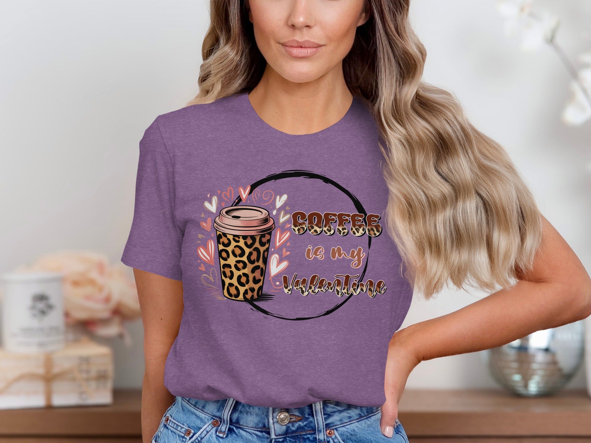 Purple t-shirt with "Coffee is my Valentine" text and leopard print coffee cup graphic.