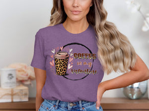 Purple t-shirt with "Coffee is my Valentine" text and leopard print coffee cup graphic.