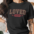 Black t-shirt with leopard print "LOVED TEACHER" text and hearts.