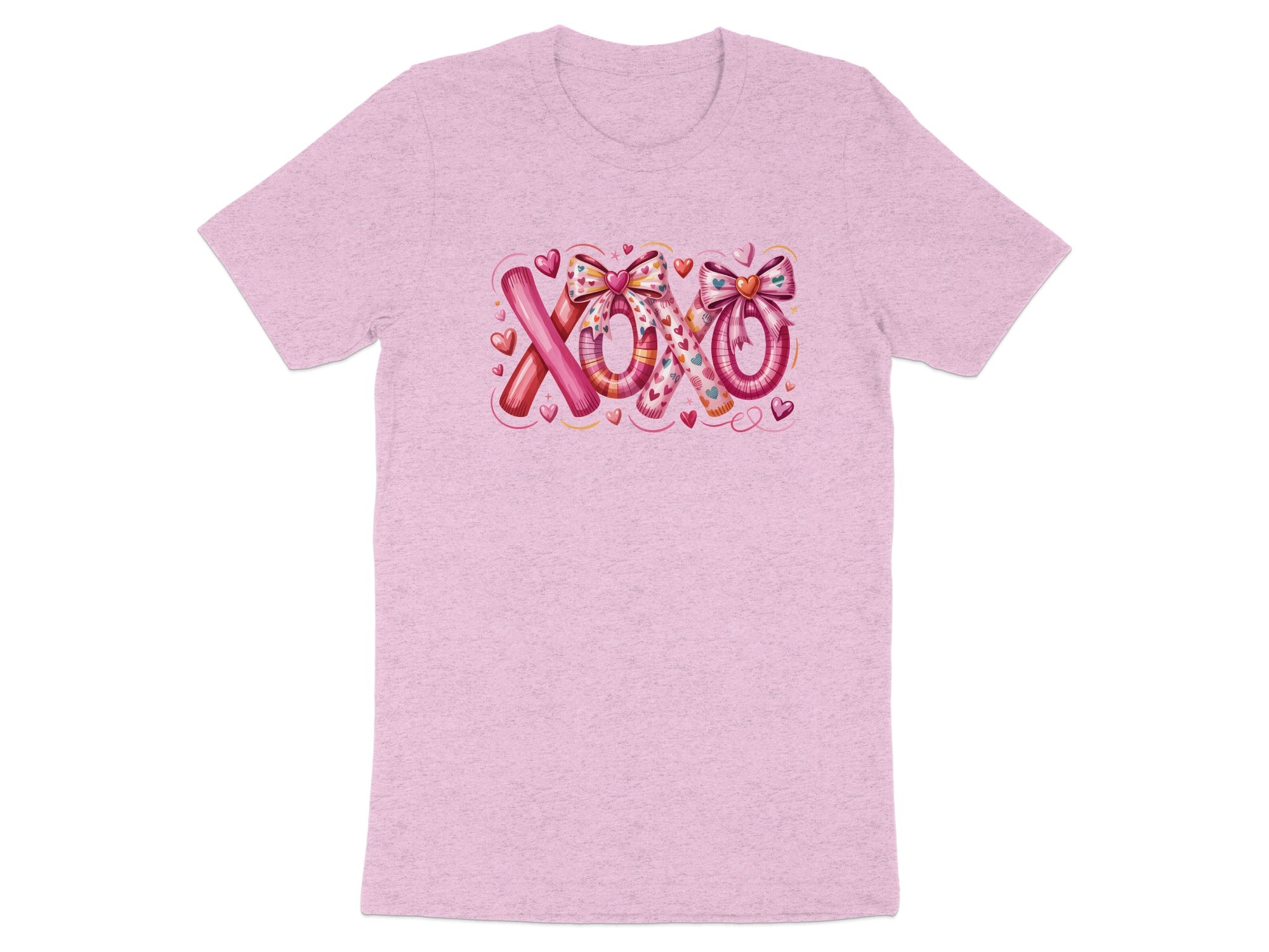 Pink t-shirt with "XOXO" text graphic with hearts and bows.