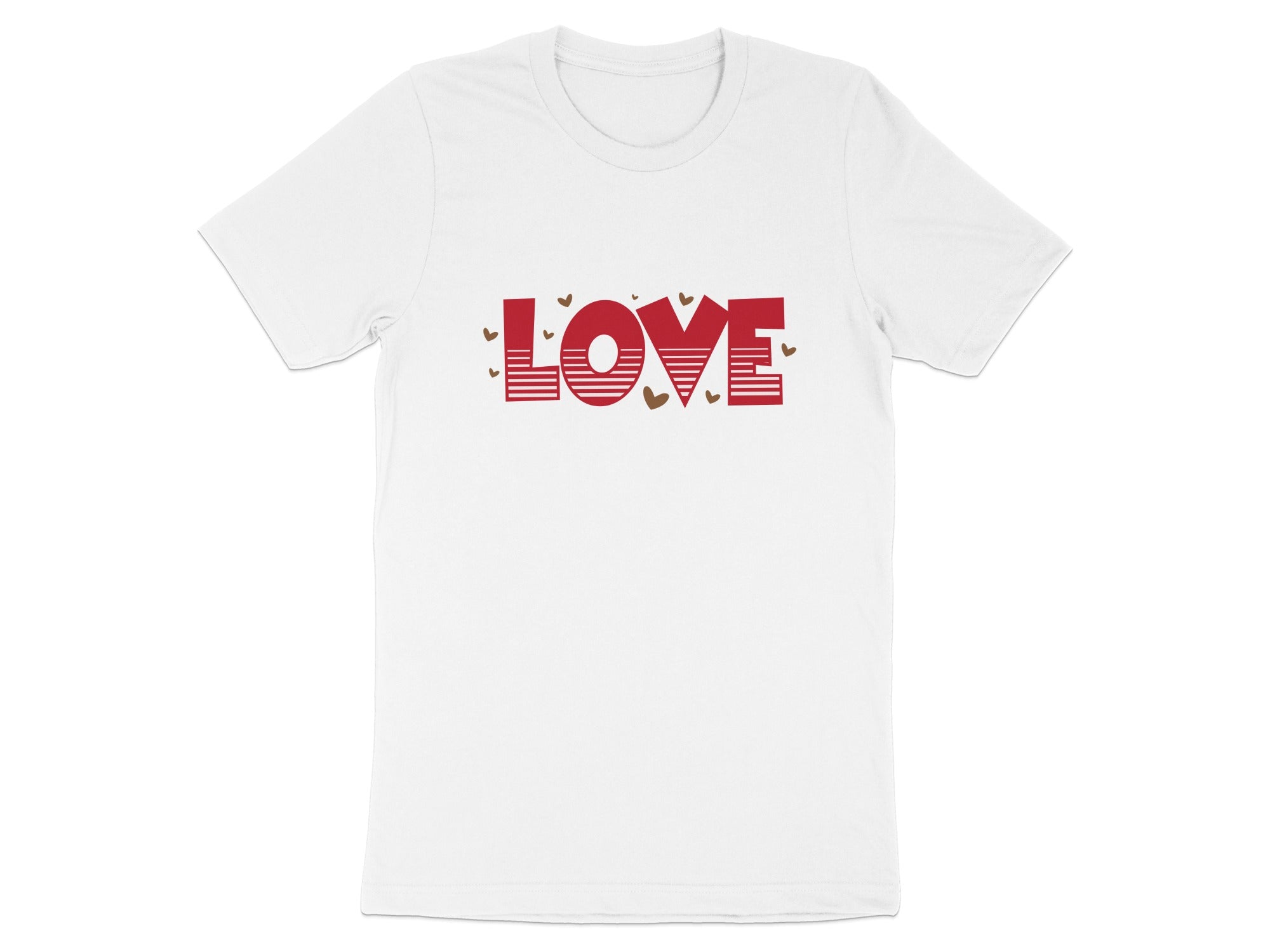White t-shirt with red "LOVE" text and scattered brown hearts.