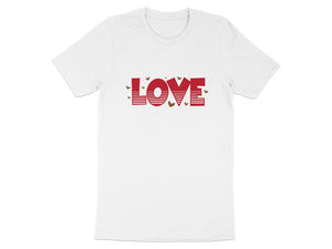 White t-shirt with red "LOVE" text and scattered brown hearts.