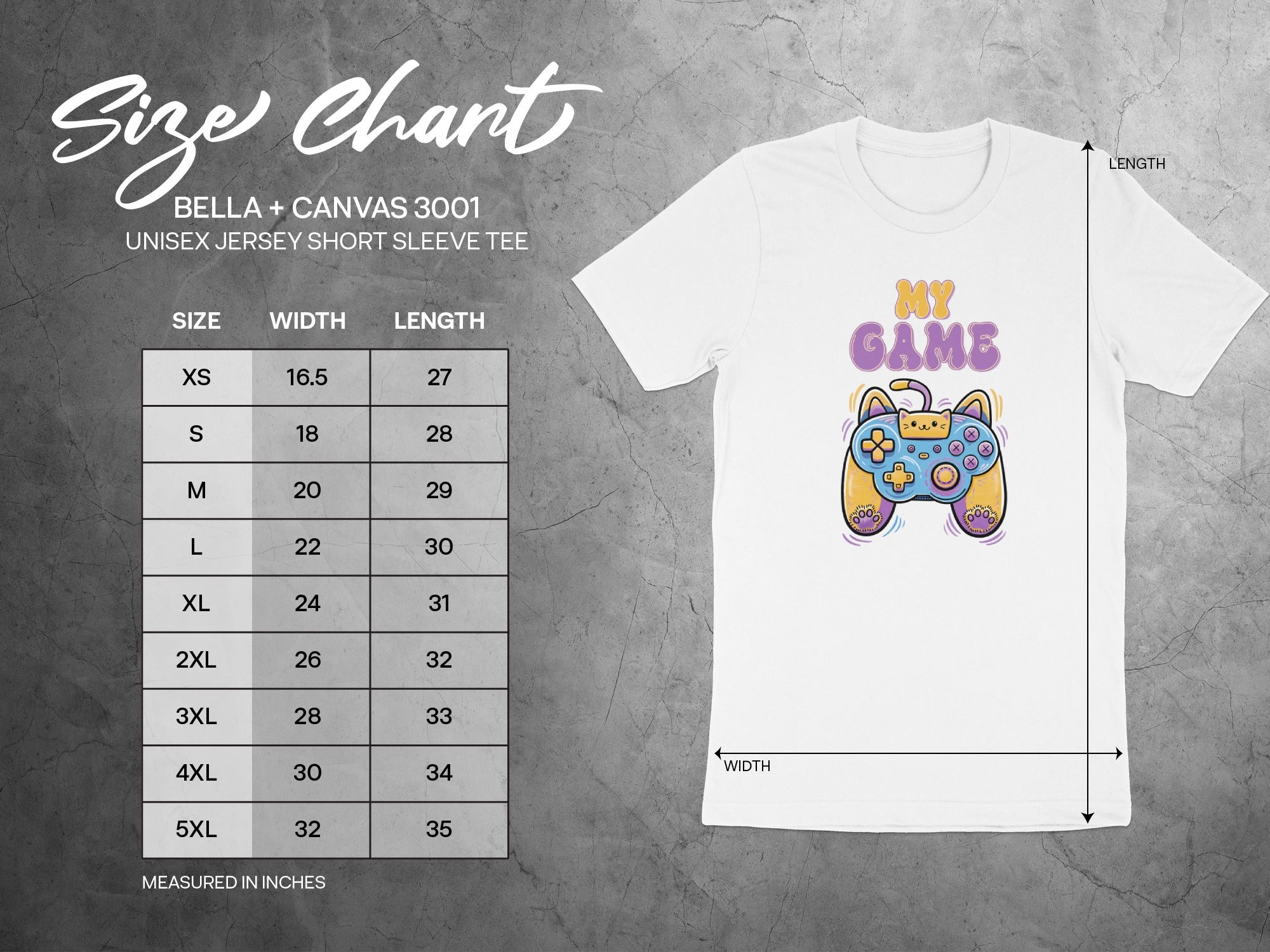 Bella + Canvas 3001 unisex tee size chart with width and length measurements.