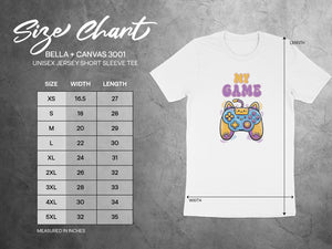 Bella + Canvas 3001 unisex tee size chart with width and length measurements.