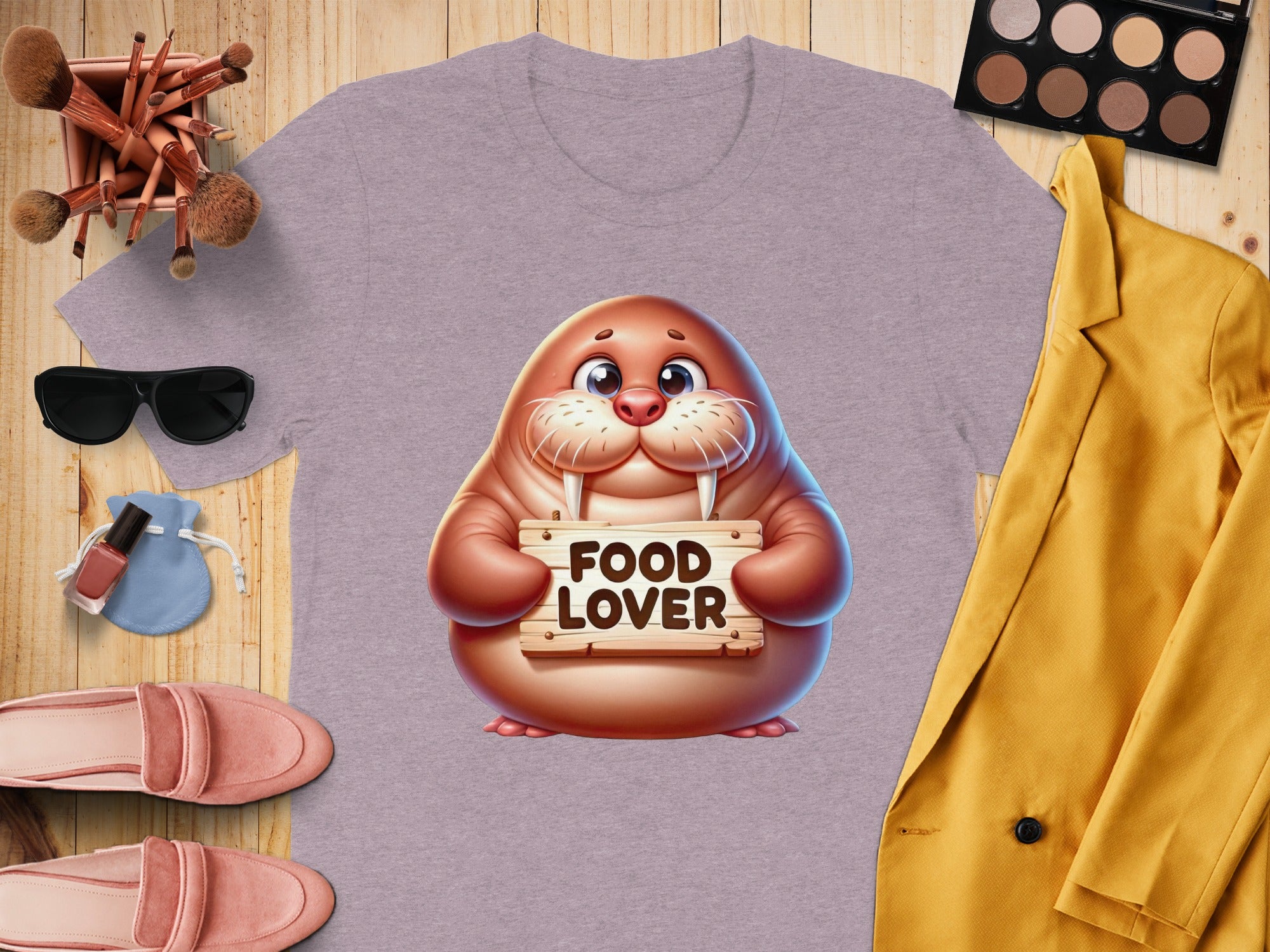 Light purple t-shirt with cartoon walrus holding "FOOD LOVER" sign.