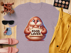 Light purple t-shirt with cartoon walrus holding "FOOD LOVER" sign.