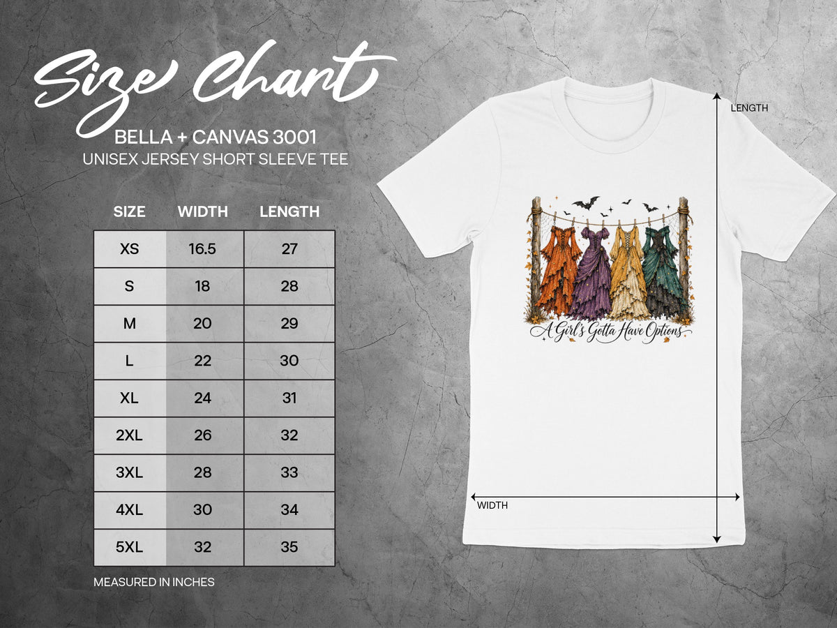 Size chart for Bella+Canvas 3001 unisex short sleeve tee with width and length measurements.