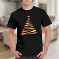 Black t-shirt with a colorful, striped Christmas tree graphic and a yellow star.