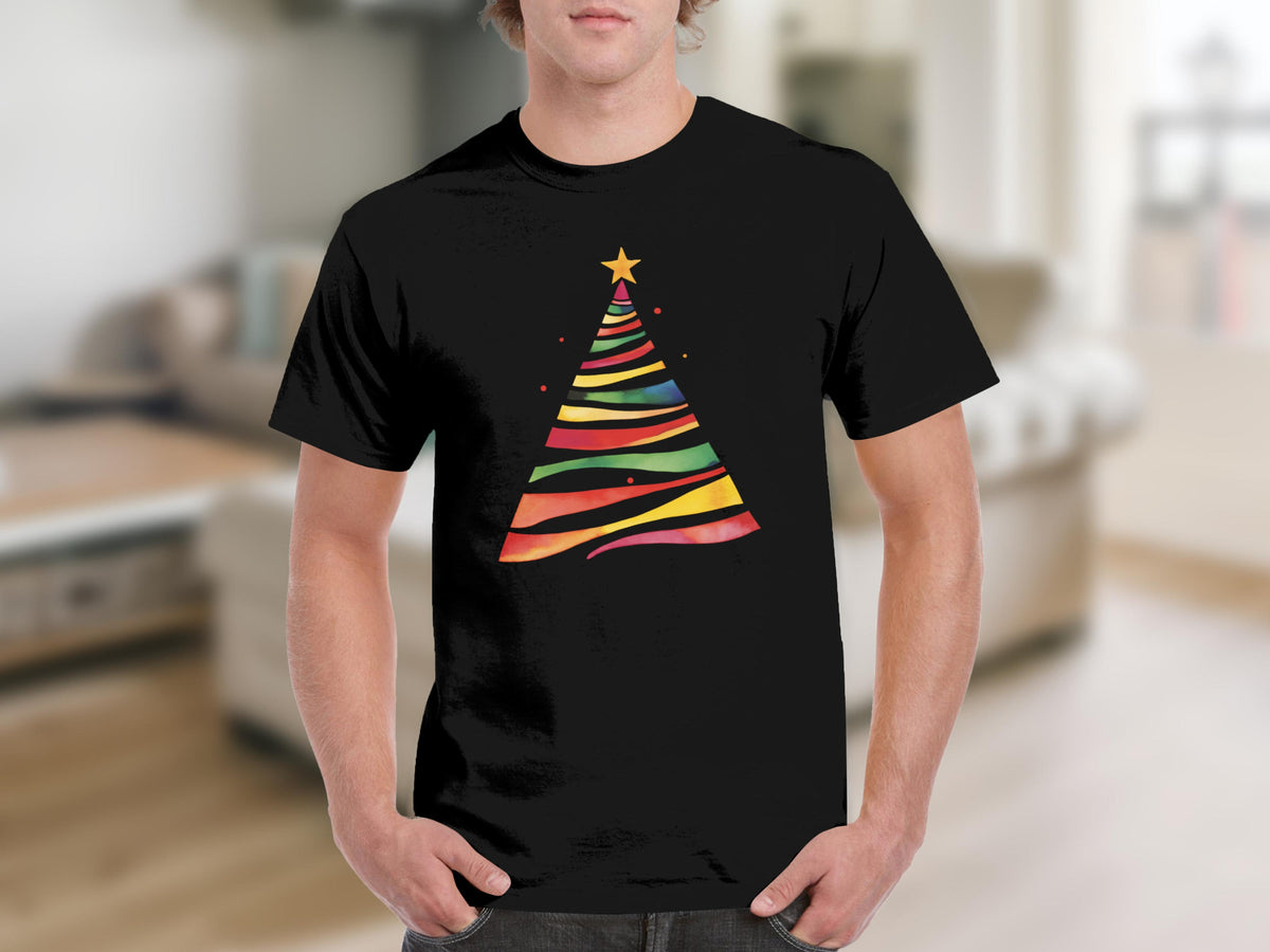 Black t-shirt with a colorful, striped Christmas tree graphic and a yellow star.