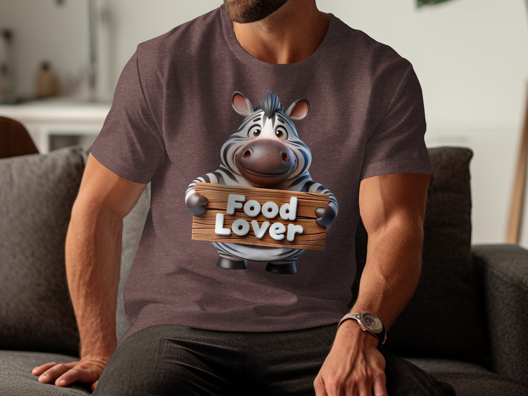 Cartoon zebra holding a sign that says "Food Lover"