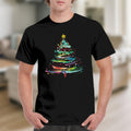 Black t-shirt with a colorful, abstract Christmas tree graphic and a yellow star.