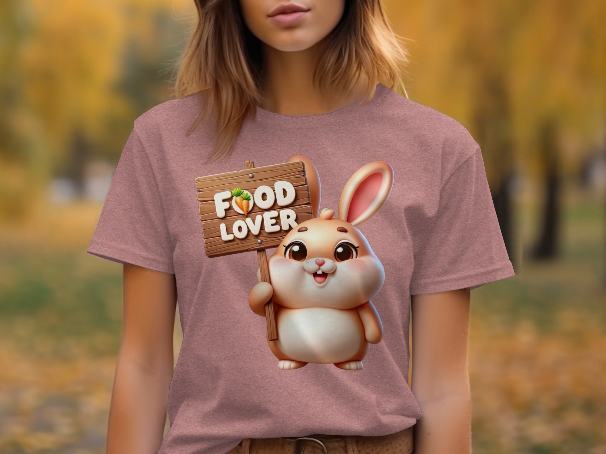 Cute cartoon bunny holding a wooden sign with "FOOD LOVER" and a carrot.