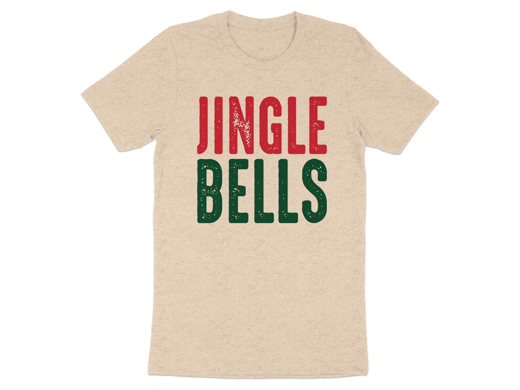 Light tan t-shirt with red and green "JINGLE BELLS" text.
