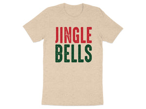 Light tan t-shirt with red and green "JINGLE BELLS" text.