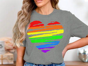 Grey t-shirt with a brushstroke rainbow heart design.