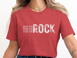 Red t-shirt with white text reading "jingle bell jingle bell ROCK"