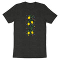 Dark t-shirt with a vertical design of yellow lemons on a vine with colorful stars.