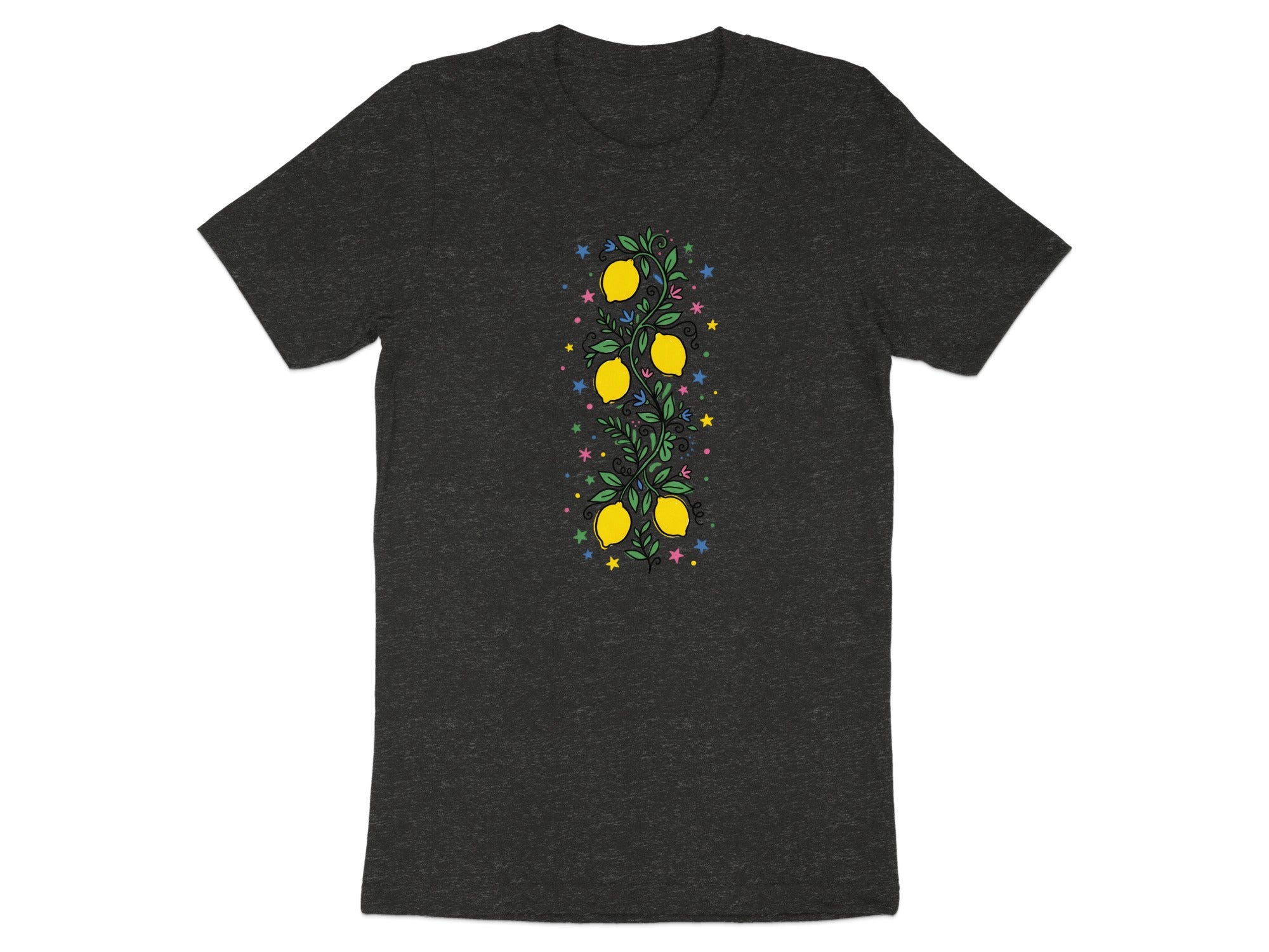 Dark t-shirt with a vertical design of yellow lemons on a vine with colorful stars.