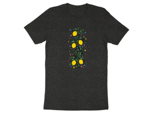 Dark t-shirt with a vertical design of yellow lemons on a vine with colorful stars.