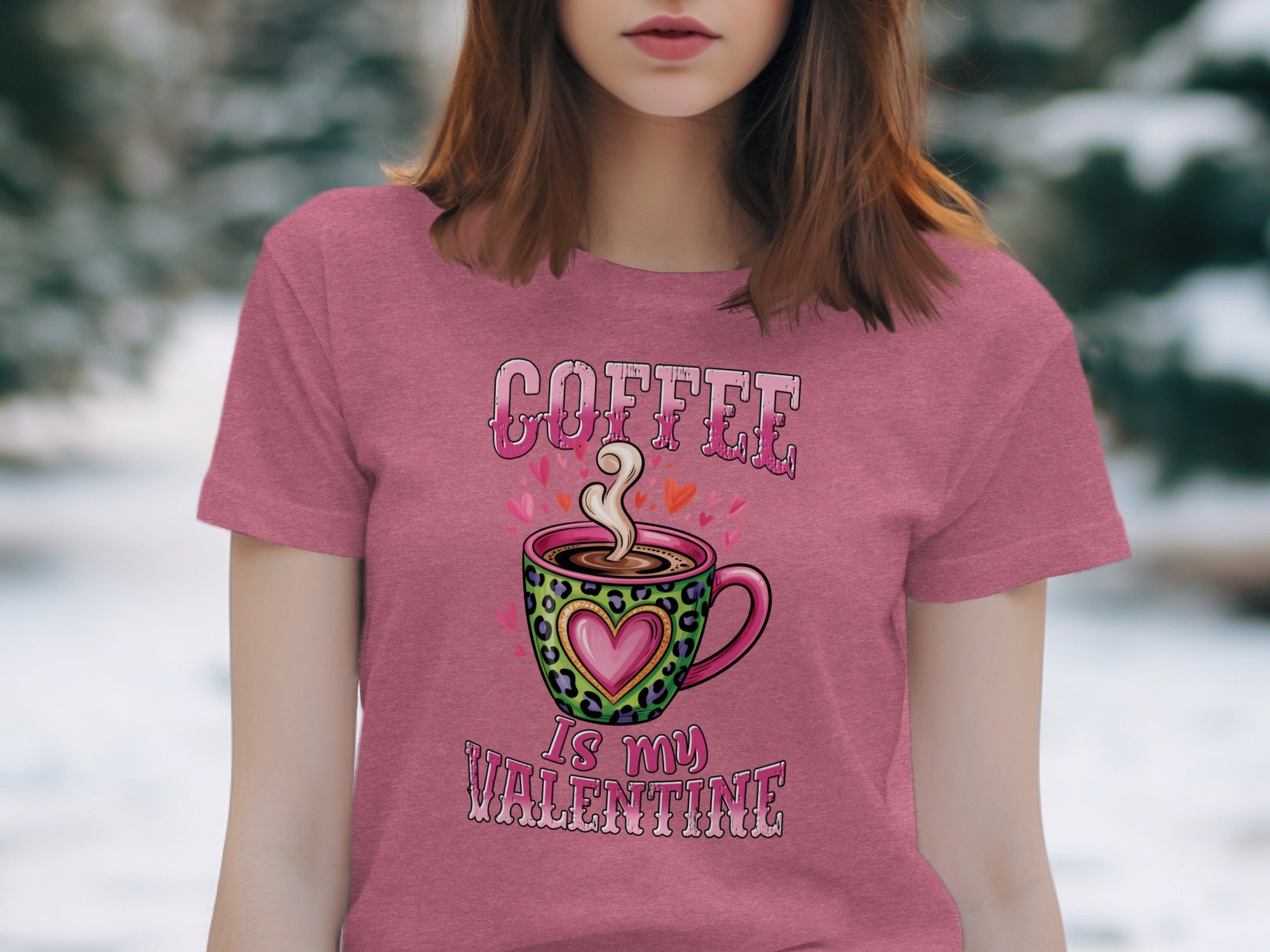 Pink t-shirt with "Coffee Is My Valentine" text and a coffee cup graphic.