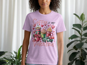 Pink t-shirt with "Coffee is my Valentine" text and coffee cup, rose, and truck graphics.