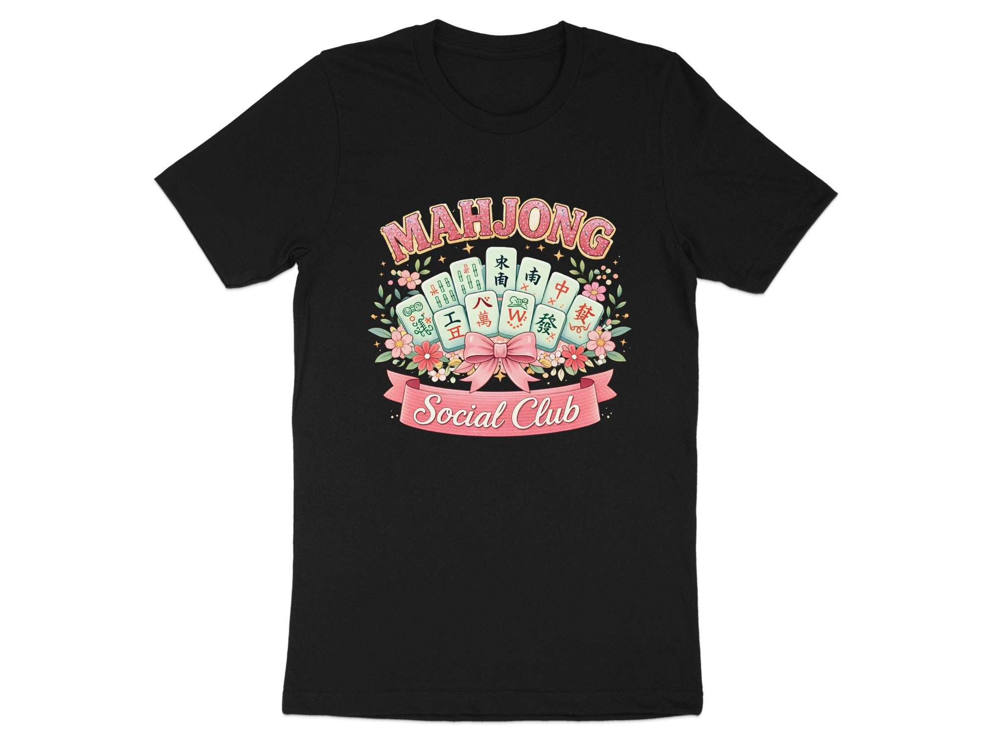 Mahjong tiles and flowers with "Mahjong Social Club" text on a black t-shirt.