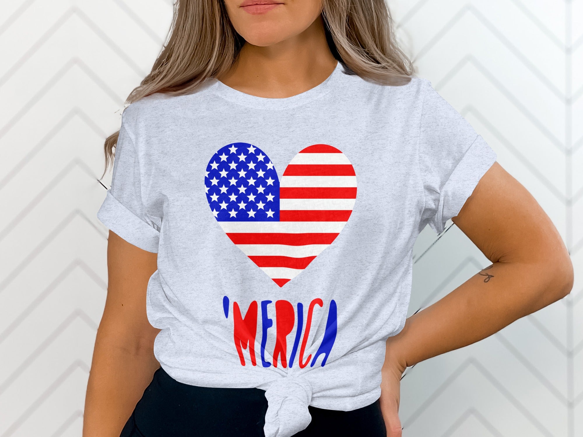 Gray t-shirt with American flag heart graphic and 'MERICA text.