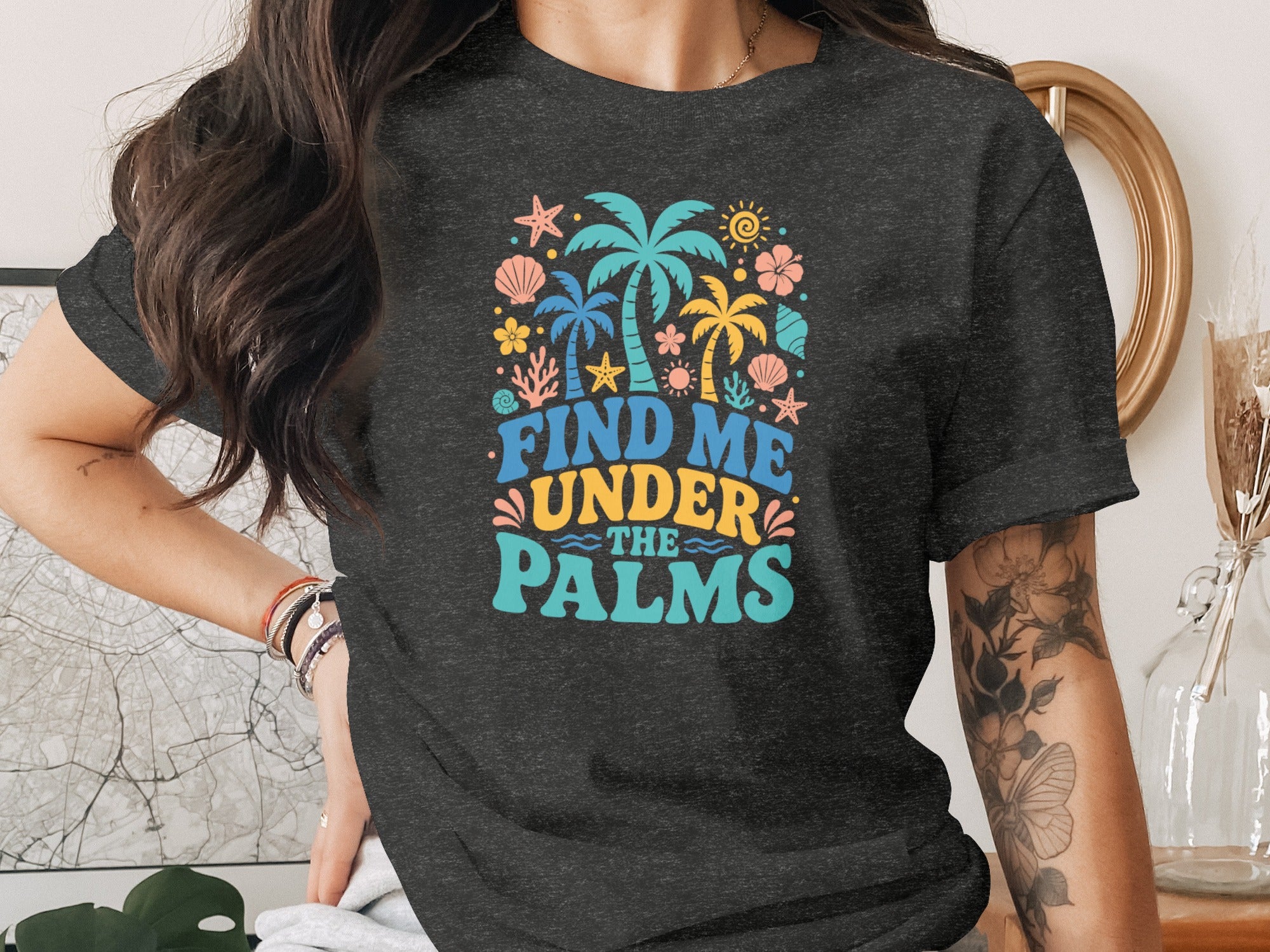 "Find Me Under the Palms" text with palm trees, shells, and sun graphic.