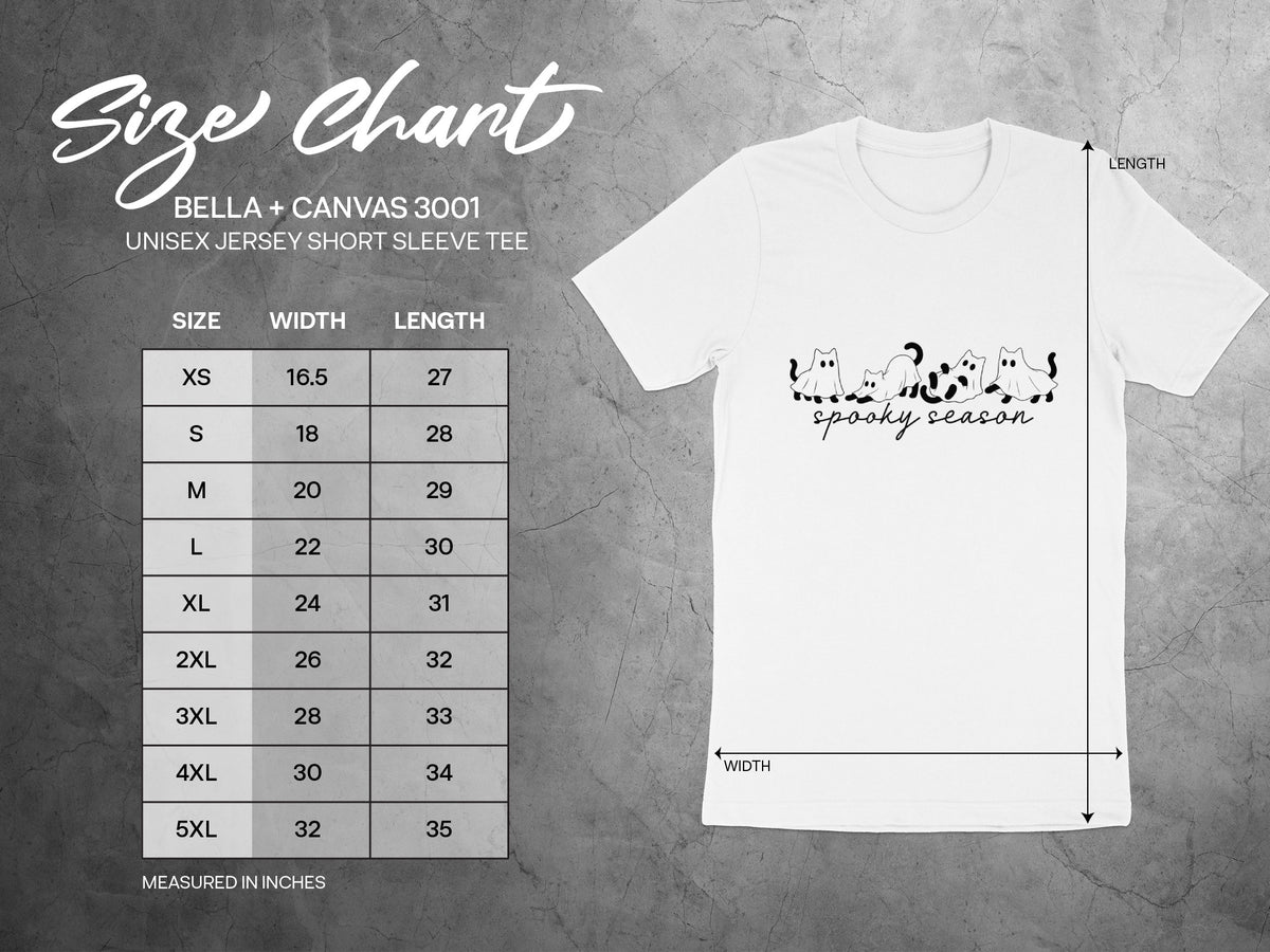 Bella + Canvas 3001 unisex t-shirt size chart with ghost cats graphic.