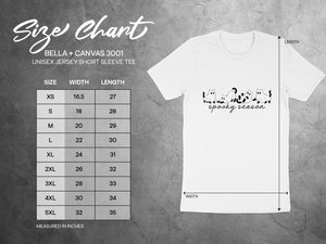 Bella + Canvas 3001 unisex t-shirt size chart with ghost cats graphic.