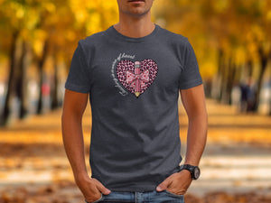 Grey t-shirt with a heart graphic saying "Teaching is a wire of heart".