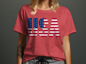 Red t-shirt with "USA" text in American flag design.