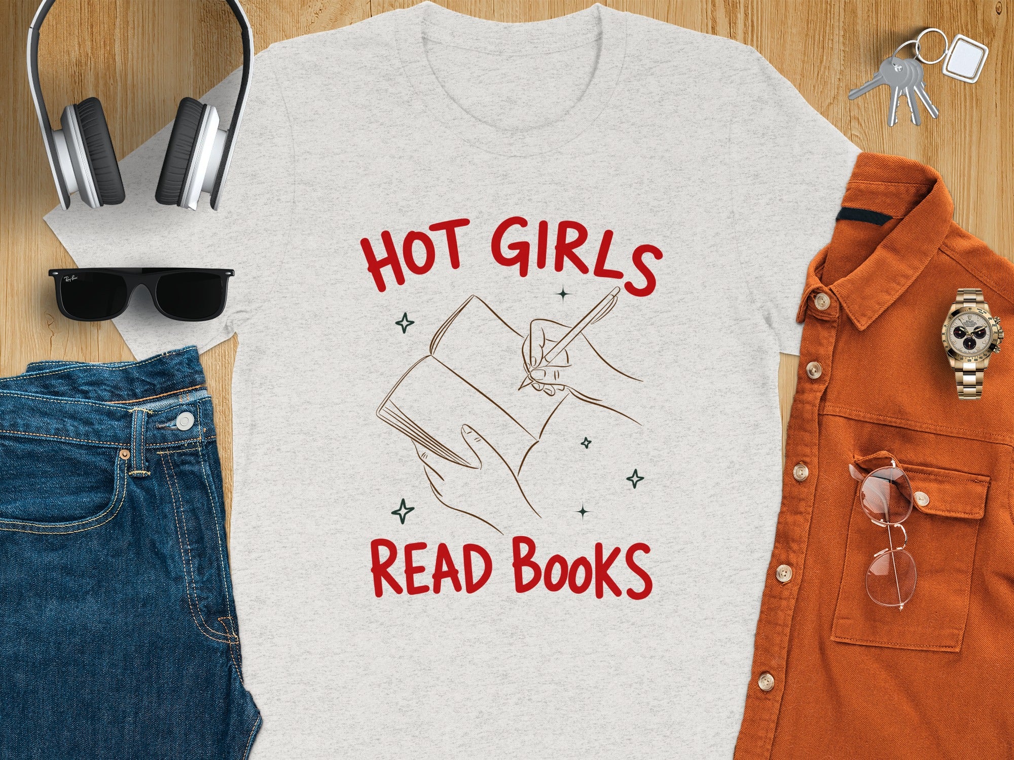 T-shirt with "Hot Girls Read Books" graphic, along with accessories.