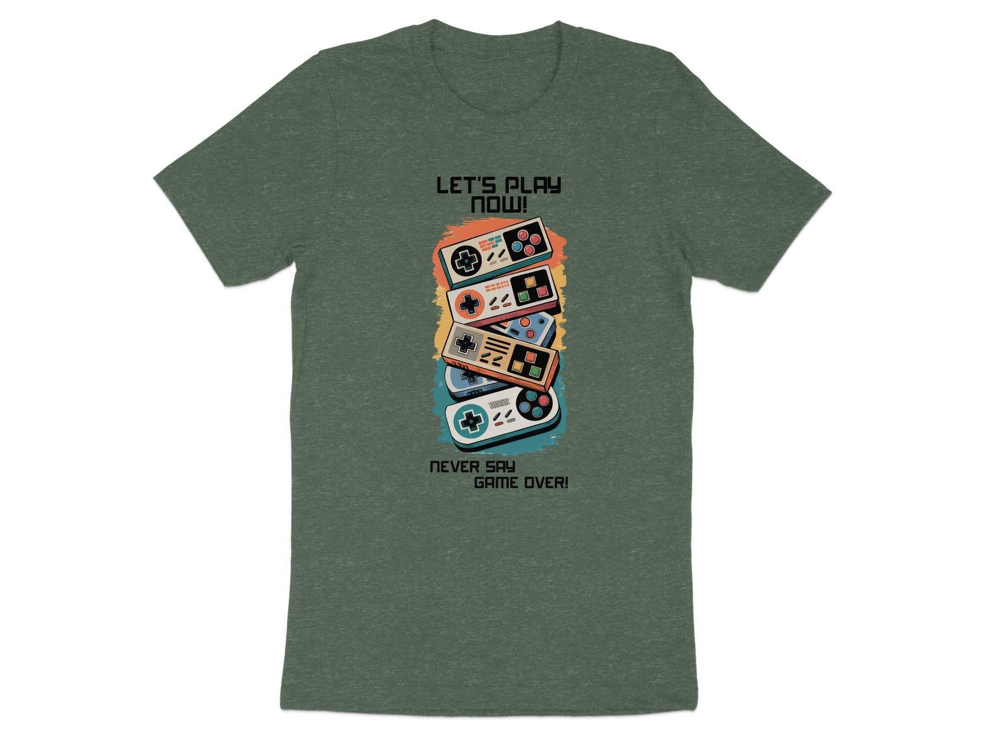 Green t-shirt with stacked retro game controllers and text "Let's Play Now!"