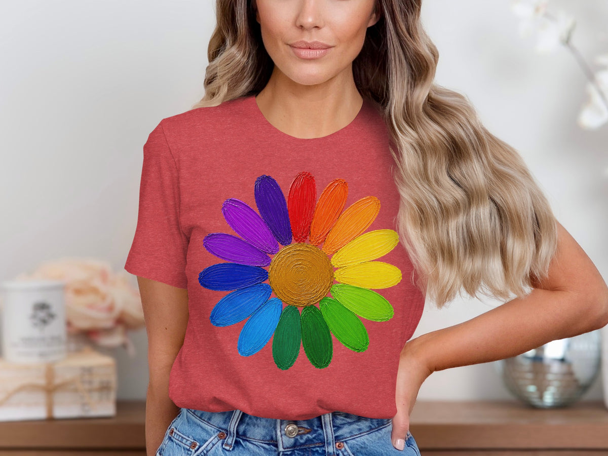 Red t-shirt with a rainbow-colored daisy graphic on the front.