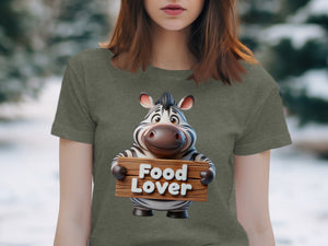 Cartoon zebra holding a wooden sign that says Food Lover