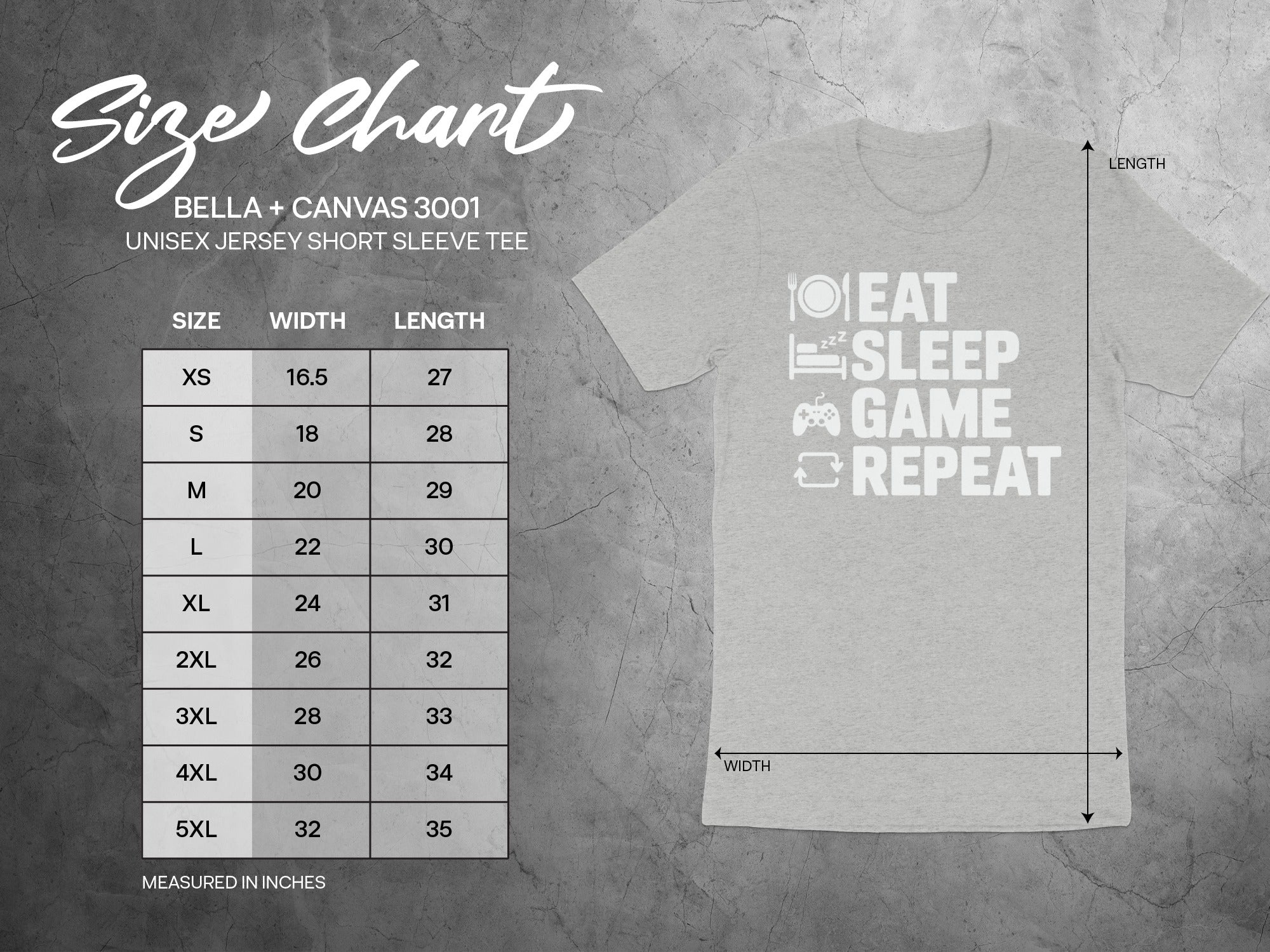 Size chart for Bella + Canvas 3001 unisex jersey short sleeve tee with measurements.