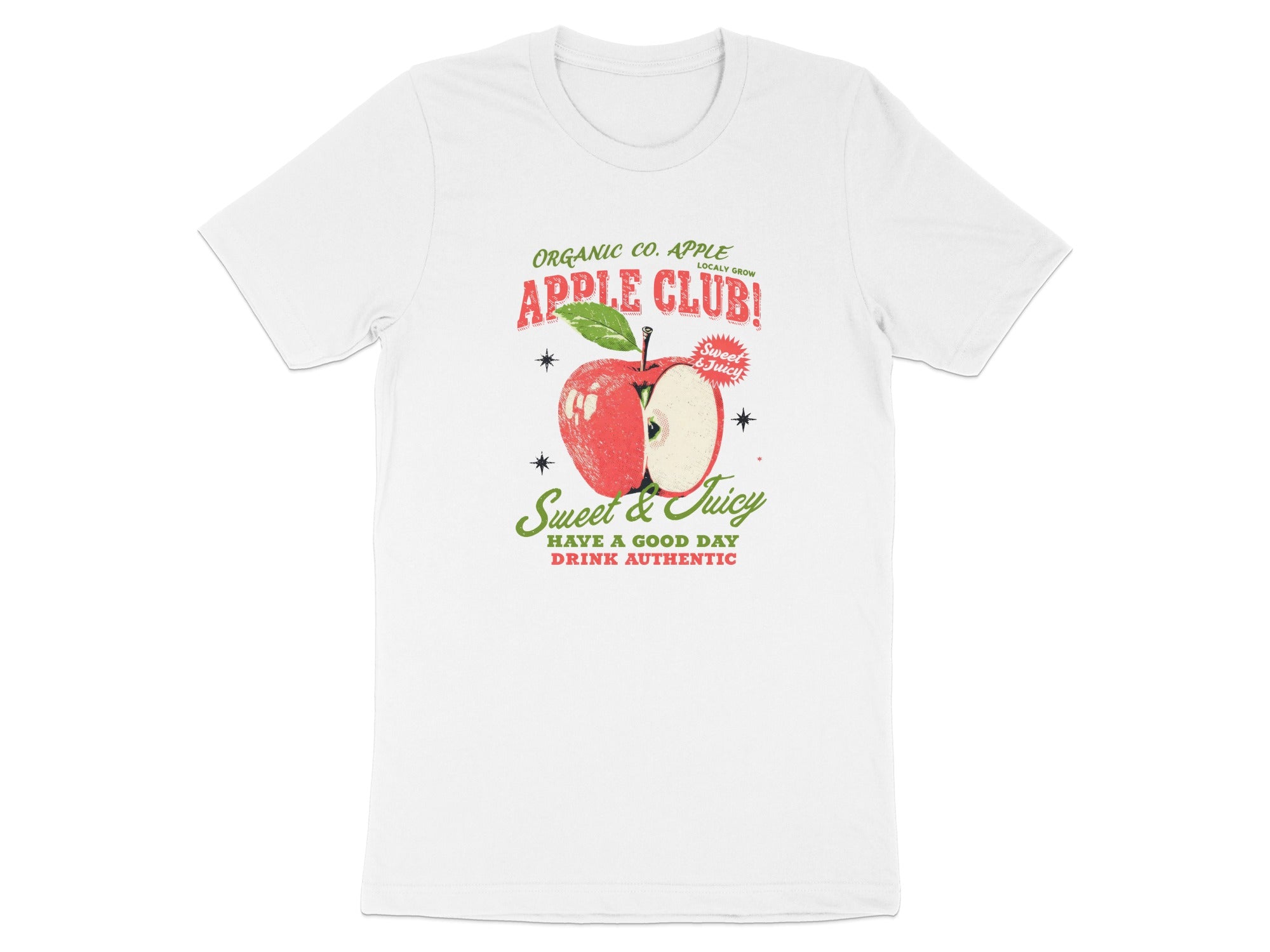 White t-shirt with "Organic Co. Apple Apple Club" text and apple graphic.